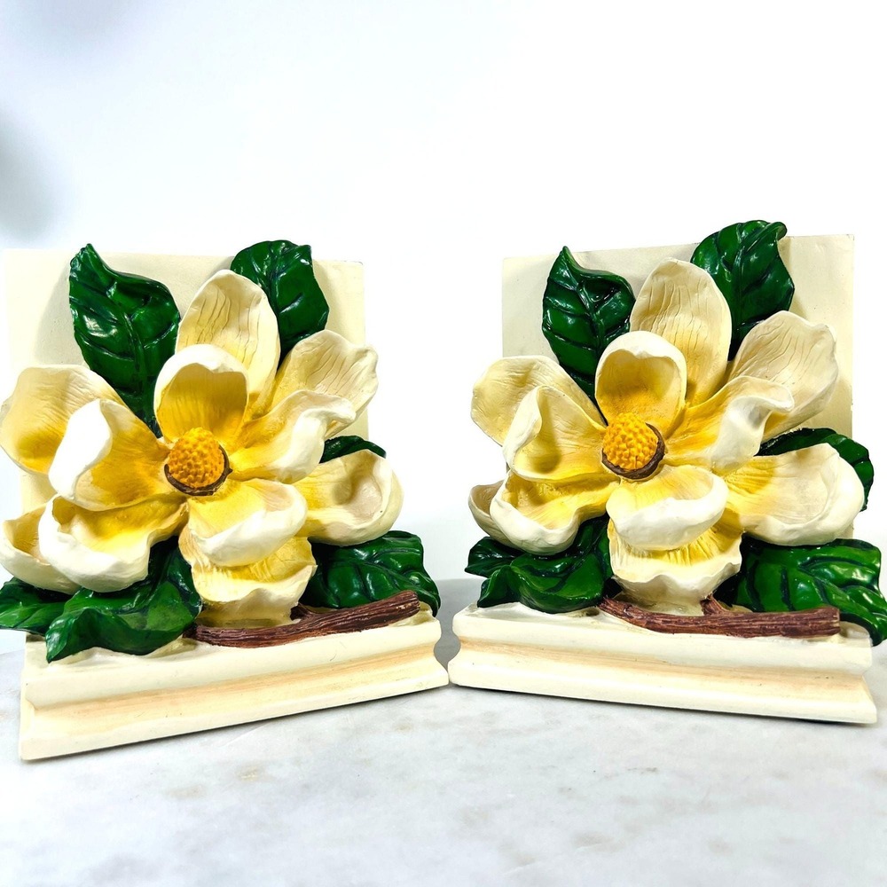 Vtg Magnolia Flower Bookends CBK Ltd 1995 Hand Painted Yellow Green Southerncor